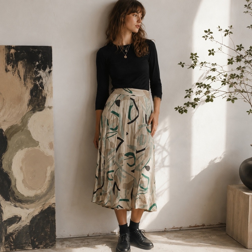 Vintage‎ Abstract Pleated Flowing Midi Skirt Green Beige Geometric Rayon Artsy